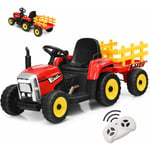 GOPLUS Tracteur électrique Enfant avec Remorque, Batterie 12V, Roue Motrice Arrière et Phare à LED et Musique, Ceinture de Sécurité et Télécommande,