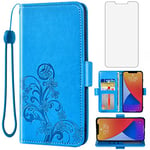 Asuwish Compatible with iPhone 12 Pro Max 6.7 Wallet Case and Tempered Glass Screen Protector Flip Wrist Strap Card Holder Cell Phone Cover for iPhone12promax 5G i 12s Plus iPhone12 12pro Promax Blue