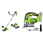 Greenworks Coupe-herbe sans fil2 X 24V sans balai, débroussailleuse 2 en 1 comprenant une batterie 2 x 4Ah et un chargeur à double fente et une scie sauteuse sans balais 24V uniquement