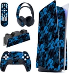 Autocollants Skin Decal Pour Ps5 Sticker Vinyle Habillages Pour Ps5 Console&manette&station De Charge&casque&télécommande Média-Édition Disque-Camouflage Noir Bleu