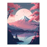 Mount Fuji View Through Cherry Blossom Trees Pastel Colour Painting Pink Purple Blue Serene Lake Reflection Japan Landscape Unframed Wall Art Print Po