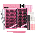 PRO DIY Lash Extension Kit Cluster Lashes Kit with 208 Pcs Lash Clusters Lash Bond Remover Eyelash Applicator Beginner DIY Lashes Kit Easy to Use (Into You-01+Into You-02 Kit)