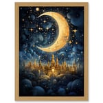 Artery8 Golden City in the Clouds Surreal Artwork Blue Gold Crescent Moon Starry Night Fairytale Artwork Framed A3 Wall Art Print