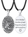 FaithHeart 925 Sterling Silver Archangel St Michael Pendant Black Leather Necklaces, Oval Silver Archangel Michael Necklace for Man