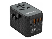 Verbatim UTA-05 - Strömadapter - GaN III, universal - 65 Watt - 5 A - Apple Fast Charge, Fast Charge, PD 3.0, QC 3.0, QC 4+, Superladdning, BC 1.2, PD/PPS - 4 utdatakontakter (2 x USB, 2 x USB-C) - svart