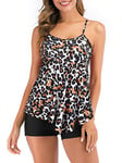 FLYILY Maillot de Bain 2 Pièces Femme Tankini Ensembles à Volants Maillot Haut Imprimé avec Short de Garçon(Leopard,XL)