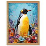 Artery8 King Penguin in Colourful Floral Flowers Nest Thick Paint Oil Painting Yellow Black Blue Colourful Artwork Framed Wall Art Print A4