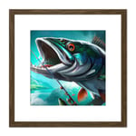 Angler Large Game Catch Fish Fishing Rod Blue Green Orange Intense Painting Square Wooden Framed Wall Art Print Picture 8X8 Inch