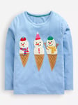 Mini Boden Kids' Cotton Snowman Print  Long Sleeve Top, Vintage Blue/Multi