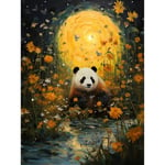 Artery8 Harvest Moon Panda Landscape Oil Painting Panda Bear in a Wildflower Meadow with Flowing Stream Kids Bedroom Extra Large XL Wall Art Poster Print