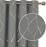 Blackout Curtains 72" Drop, Thermal Insulated Eyelet, Grey Gold Wave Foil, 46"x7