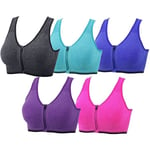 Kvinnor 5-pack dragkedja fram och avtagbara dynor tank top racerback sport-bh, 5-pack (lila+röd+grön+grå+blå) 2XL