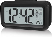 Upgraded Digital Alarm Clock, 4.3" LED Display with Temperature Larger Lound Light Control Portable Snooze Calendar Brightness with Battery Powered Alarm Clocks Bedside for Everyone (Black)