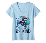 Womens Be Kind Rainbow Fish Teacher Life Back To School Teaching V-Neck T-Shirt