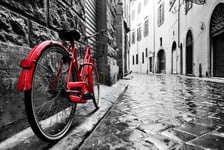 Retro vintage red bike on cobblestone street in the old town Color in black and white