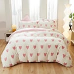 Covebett Housse de Couette Flanelle 200x200 Rose Blanche Coeur, Chaude Hiver Polaire Parure de Lit en Velours Doux avec Fermeture Éclair, Linge de Lit 2 Personnes avec 2 Taies d'oreiller 65x65cm