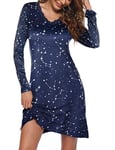 Ekouaer Chemise de Nuit Hiver Chemise de Nuit Femme Manches Longues Col V Dentelle Femme Courte Ample,Print,S