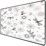 Mouse Pad Gaming Functional Dragonfly Thick Waterproof Desktop Mouse Mat Ethnic Bohem Inspired Flying Butterfly Like Bugs and Flowers Dandelion Image Decorative,Black and White Non-slip Rubber Base