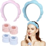 IC Spa Pannband, 2-pack Makeup Pannband med 4 Ansiktstvättarmband Mode Mjukt Hårband Halkfritt Frotté Pannband (Rosa+Blå)