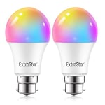 EXTRASTAR B22 WiFi Smart Bulb Alexa Light Bulbs, 10W 1000LM Dimmable Colour Changing Light Bulb, A60 RGB WiFi LED Bulbs, Remote Control Compatible with Alexa, Google Home (2 Pack)