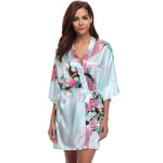 Robe De Chambre Satin Femme,Vêtements De Nuit Sexy Soie Soyeux Rétro Paon Imprimé Babydoll Robe Mariée Robe Courte Peignoir Kimono Vêtements De Nuit Pour Les Cadeaux De La Saint-Valentin,Bleu Cl