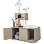 Goplus - Arbre à Chat avec Meuble Litière pour Chat 1 Condo/Griffoirs/Gratter en Sisal/Balles Suspendues - Gris - 132 cm