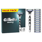 Gillette Mach3 Rasoir À Main Pour Homme, À 3 Lames Pour Un Rasage Classique En Douceur, 1 Manche De Rasoir Pour Un Rasage De Près Classique, En Acier Inoxydable, 12 Recharges De Lames