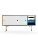 House of Finn Juhl - Sideboard With Tray Unit, Dark oiled oak, White/Light Blue, Light Blue Steel, Cold - Sideboards og skjenker - Finn Juhl - Flerfarget - Metall/Tre