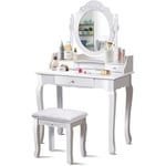 Coiffeuse Table de Maquillage avec Miroir Rond, Tiroirs et Tabouret en Coussin Doux, Pieds en Bois de Pin, Entretien Facile, Style Moderne, Convient