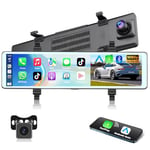 Podofo HD Rétroviseur Dashcam Caméra de Recul avec CarPlay sans Fil Android Auto,11,26 Pouces HD 1080P IPS Écran Tactile Double Caméra de Tableau,2 écrans D'affichage,Bluetooth,Vision Nocturne