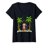 Womens Monkey Santa Hat Palm Tree Beach Xmas Pajama V-Neck T-Shirt