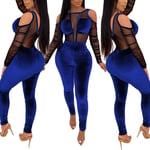 JJZZ Femmes 2 pièces Tenues, Sexy Manches Longues Club Mesh Couture Velvet Bolycéon Cold Epaule Combinaison Meilleur Cadeau pour Femme, Soeur, Petite Amie,Bleu,S