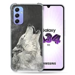 Cokitec Coque Renforcée en Verre Trempé pour Samsung Galaxy A34 5G Animal Loup Hurlement