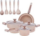 Karaca 13-Piece Cookware Set - Non-Stick & Induction Pots and Pans Set, 3 Biogranite Pots with 3 Glass Lids&1 Granite Frypan&1 Shallow Pan, Dishwasher-Safe, Rosegold