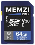 MEMZI Pro Carte mémoire 64 Go compatible avec Fujifilm X-T4, X100V, X-Pro3, X-A7, X-T30, X-T3, X-H1, X-T200, X-T100, X-A5, X-E3, X-T20, XF10 Appareil photo numérique SDXC Classe 10 V30