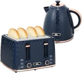 Blue Kettle 4 Slice Toaster Set Rose Gold Rim Rapid Boil 3000W Glossy Honeycomb