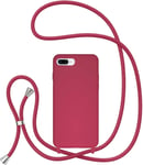 Cordon De Coque Pour Iphone 7 Plus/Iphone 8 Plus, Étui En Silicone Liquide Avec Charge Sans Fil, Réglable Lanyard Case Bandoulière Détachable Housse De Protection Antichoc - Rose Rouge