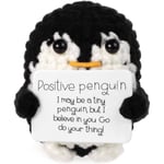 Mini rolig positiv pingvin, stickad leksak med positivt kort Emotionellt stöd virkad docka Hejande gåva till familj vänner Black Penguin