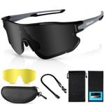 Odoland Lunette de Cyclisme Polarisées, Lunettes de Soleil de Sport UV 400 avec Remplaçables Vision Nocturne Verres pour Vélo, Pêche, Course à Pied, Homme Femme et Jeunes, Noir