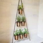 Outdoor Vertical Gold Metal Wall Plant Stand with Planters,  H148cm x W69cm, Planter External Diam. 14cm