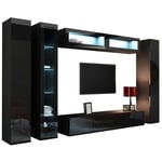 Ensemble de salon Charlotte A132, Noir + Noir brillant, Avec table de tv, Parties séparées, mdf, Stratifié, Verre trempé, 180x0x40cm, led