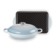 Le Creuset Cast Iron 2 piece set, comprises a Signature 26 cm Shallow Casserole with a 32cm Rectangular Grill, Coastal Blue