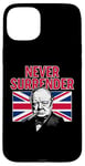 Coque pour iPhone 15 Plus Winston Churchill Never Surrender avec drapeau Union Jack