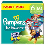 Pampers Baby-Dry, Taille 6, 164 Couches, 13-18kg, A La Rescousse Contre Les Fuites Grâce A Une Protection Intégrale Jusqu'à 12h, Edition Limitée avec La Pat’Patrouille, Pack 1 Mois