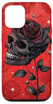 Coque pour iPhone 14 Rose noire et crâne sur fond rouge