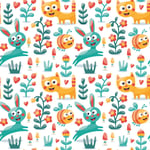 Seamless cute animal pattern made with cat hare rabbit bee flower plant leaf berry heart friend floral kitten