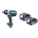 Makita DTW1001Z 18V Li-Ion LXT Brushless Impact Wrench, Batteries and Charger & Genuine BL1850B 18V 5.0Ah Battery Twin Pack