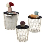 Relaxdays Table Corbeille d’appoint, Lot de 3, Panier pour Le Salon, métal et Aspect marbre, 3 Tailles, Noir-doré