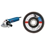 Bosch Professional GWS7-125 125 mm Angle Grinder, Blue, GWS 1400 (C) 1400 wattsW, 230 voltsV + 2608606924 Flap Sanding Disc, 125mm x 22mm, 80 Grit, Black/Brown