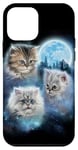 Coque pour iPhone 12 mini Trois chats mignons engloutis dans les nuages de galaxie sous la lune glacée